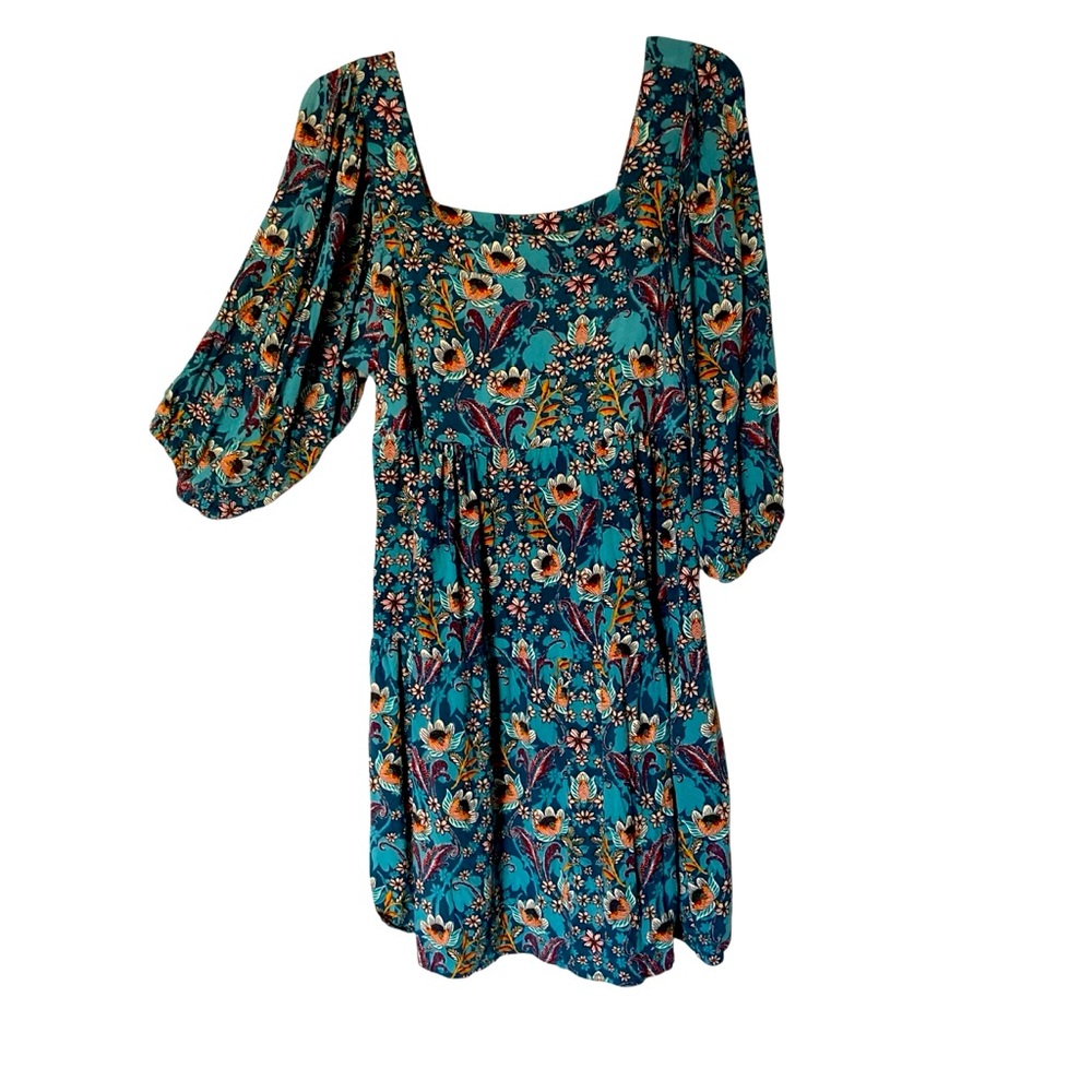 Maurice’s Womens Dress S Teal Dark Floral Square Neck Tiers Peasant Boho Teal